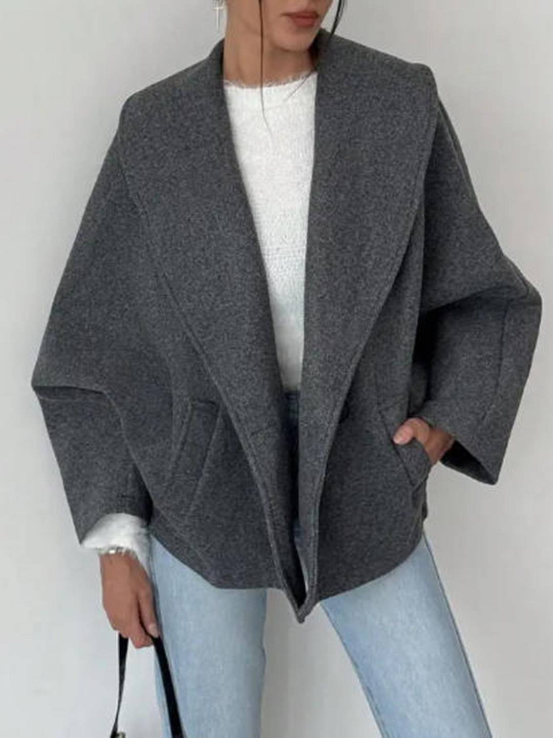 Cocolii manteau femme en laine manches chauve souris poches col revers vintage décontracté oversized veste pour automne
