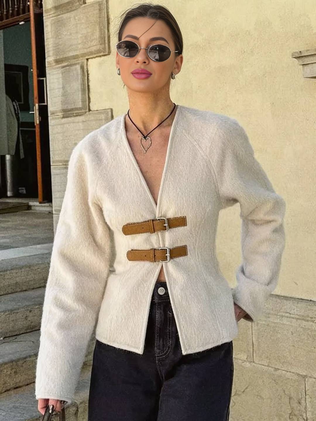 Cocolii manteau v-cou à boucles en cuir manches longues femme casual doux élégant décontracté vintage chic veste