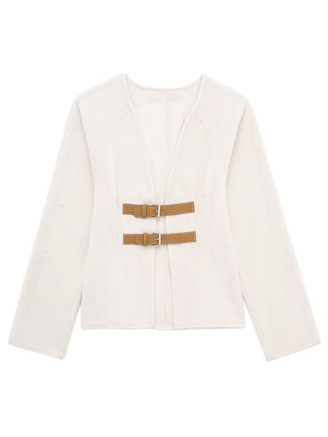 Cocolii manteau v-cou à boucles en cuir manches longues femme casual doux élégant décontracté vintage chic veste