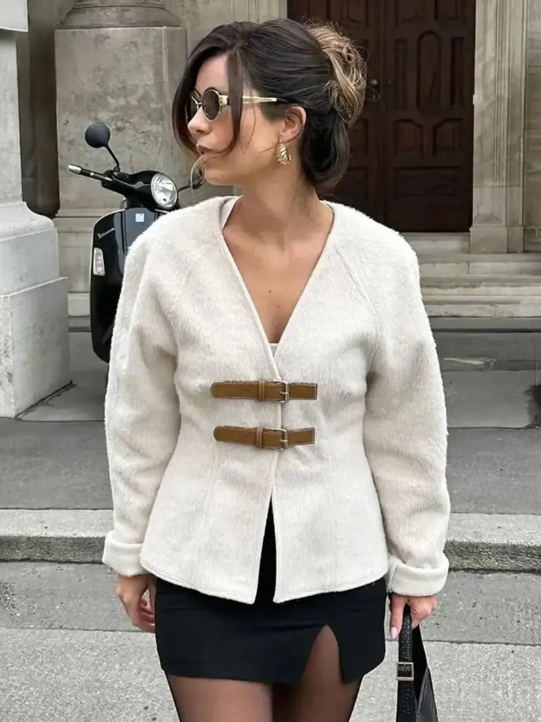 Cocolii manteau v-cou à boucles en cuir manches longues femme casual doux élégant décontracté vintage chic veste