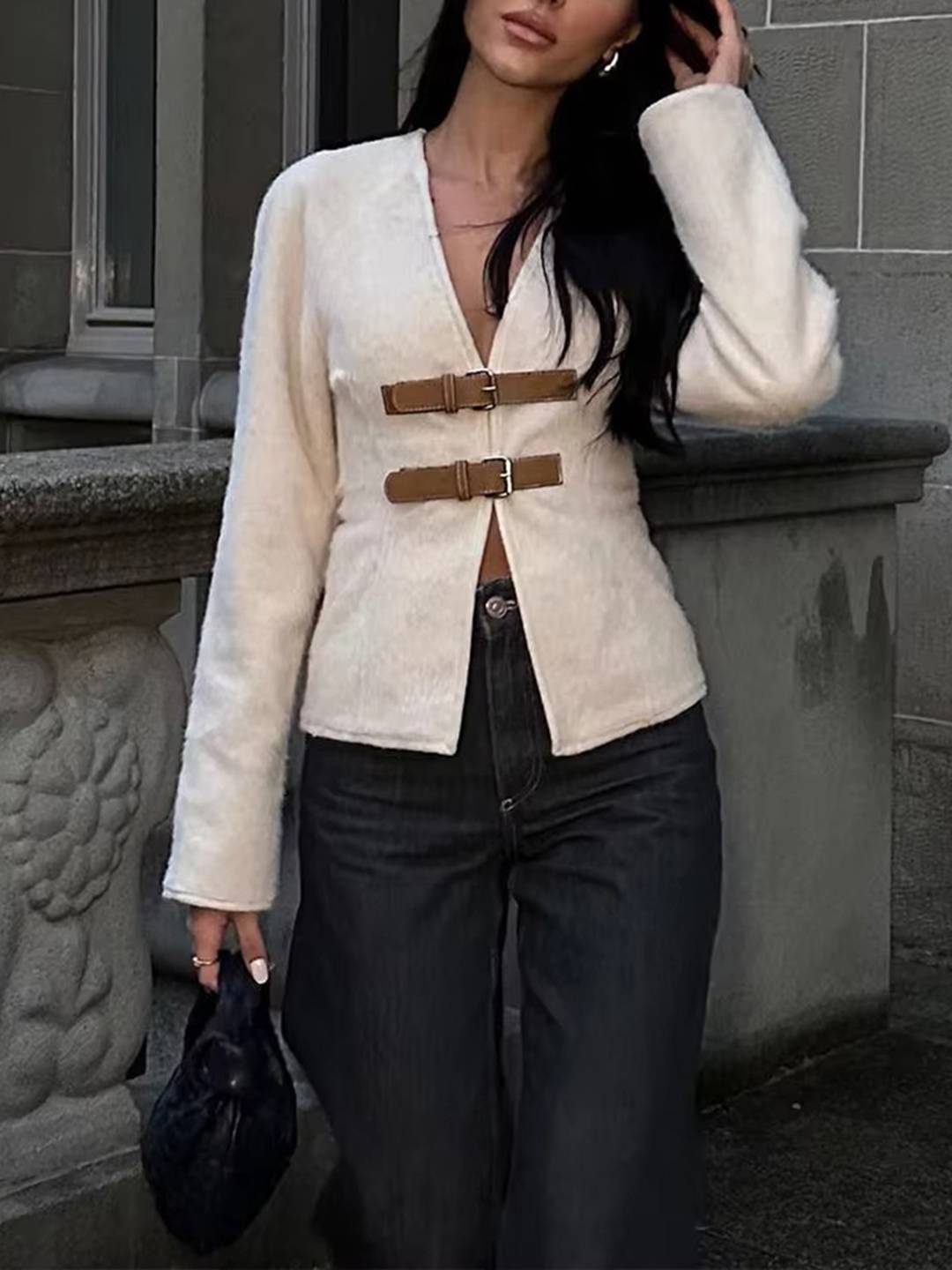 Cocolii manteau v-cou à boucles en cuir manches longues femme casual doux élégant décontracté vintage chic veste
