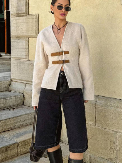 Cocolii manteau v-cou à boucles en cuir manches longues femme casual doux élégant décontracté vintage chic veste