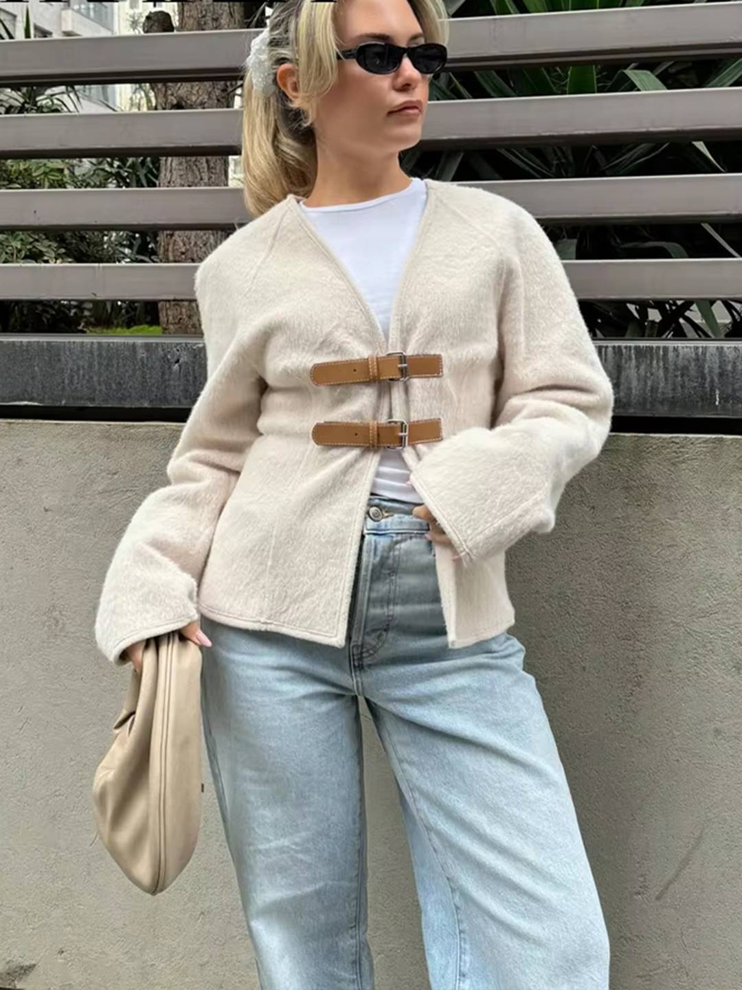 Cocolii manteau v-cou à boucles en cuir manches longues femme casual doux élégant décontracté vintage chic veste