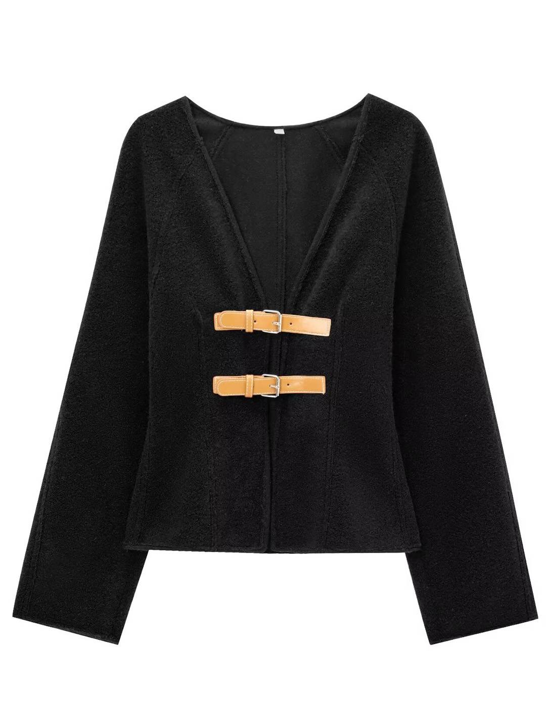 Cocolii manteau v-cou à boucles en cuir manches longues femme casual doux élégant décontracté vintage chic veste