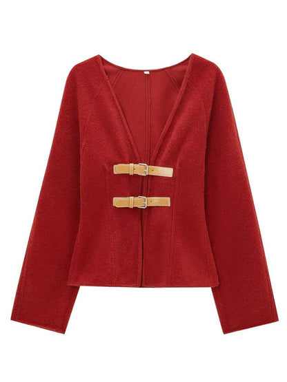 Cocolii manteau v-cou à boucles en cuir manches longues femme casual doux élégant décontracté vintage chic veste