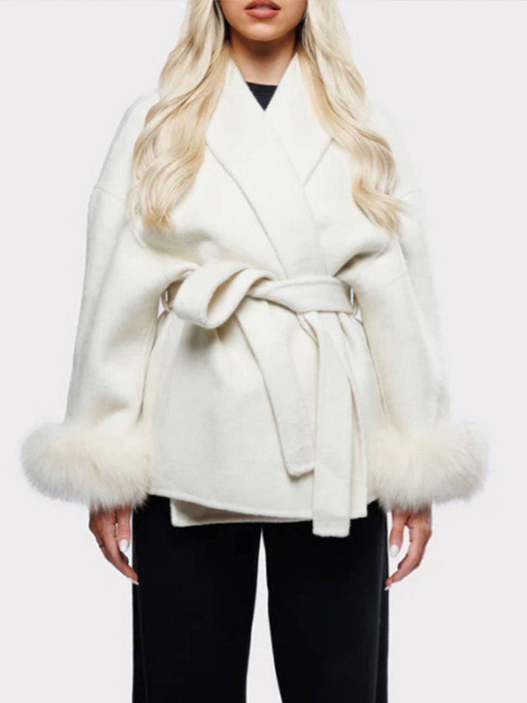 Cocolii mi-longue manteau en laine ceinture v-cou avec poignets en fausse fourrur manches longues femme élégant hiver veste