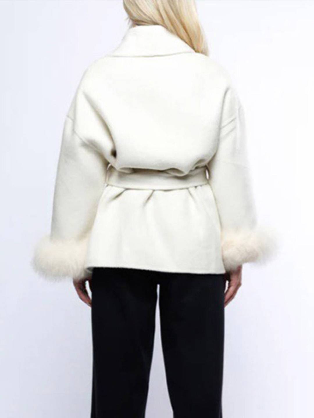 Cocolii mi-longue manteau en laine ceinture v-cou avec poignets en fausse fourrur manches longues femme élégant hiver veste