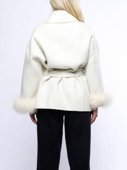 Cocolii mi-longue manteau en laine ceinture v-cou avec poignets en fausse fourrur manches longues femme élégant hiver veste