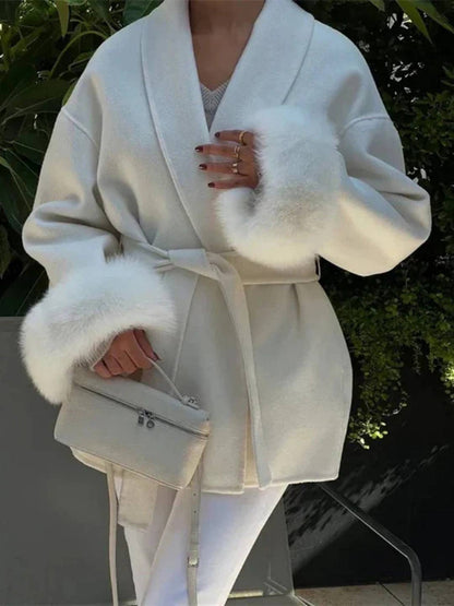 Cocolii mi-longue manteau en laine ceinture v-cou avec poignets en fausse fourrur manches longues femme élégant hiver veste