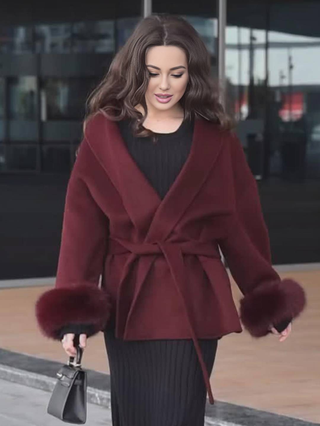 Cocolii mi-longue manteau en laine ceinture v-cou avec poignets en fausse fourrur manches longues femme élégant hiver veste