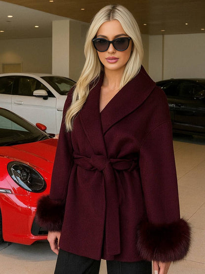 Cocolii mi-longue manteau en laine ceinture v-cou avec poignets en fausse fourrur manches longues femme élégant hiver veste