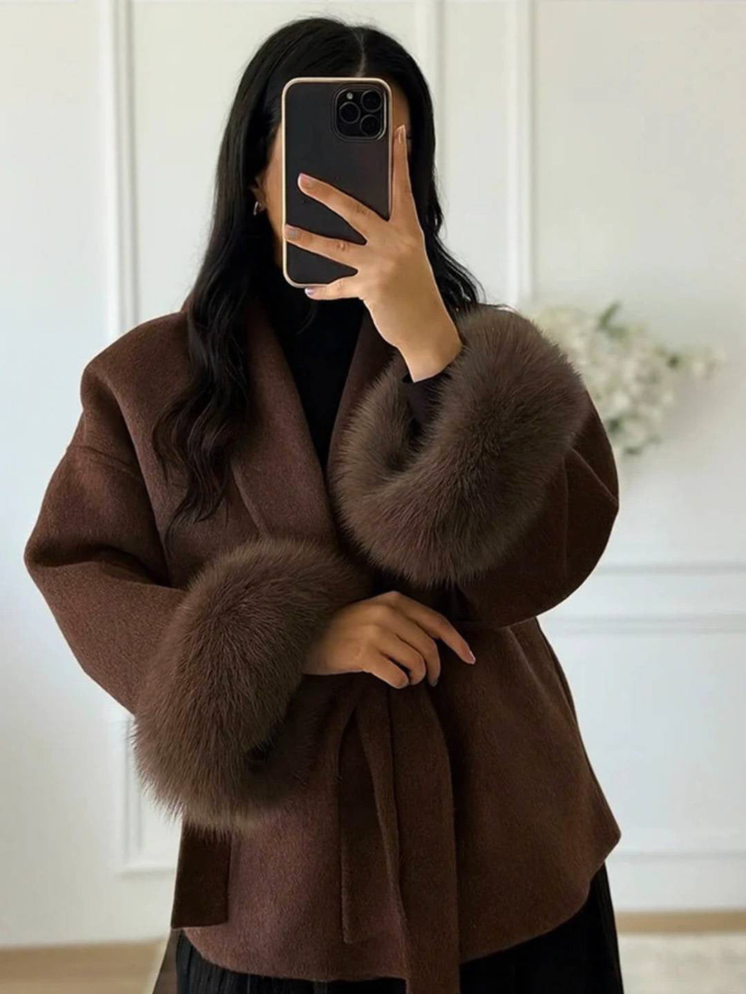 Cocolii mi-longue manteau en laine ceinture v-cou avec poignets en fausse fourrur manches longues femme élégant hiver veste