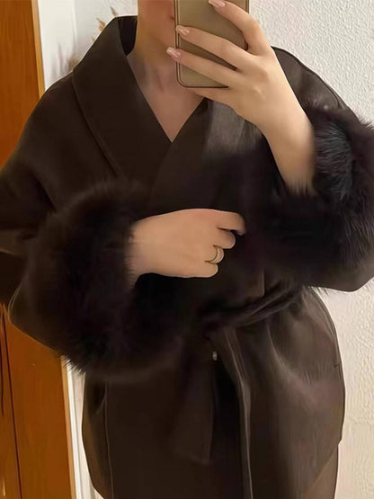 Cocolii mi-longue manteau en laine ceinture v-cou avec poignets en fausse fourrur manches longues femme élégant hiver veste
