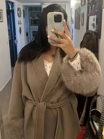 Cocolii mi-longue manteau en laine ceinture v-cou avec poignets en fausse fourrur manches longues femme élégant hiver veste