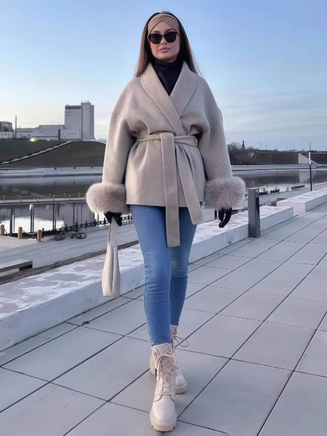 Cocolii mi-longue manteau en laine ceinture v-cou avec poignets en fausse fourrur manches longues femme élégant hiver veste