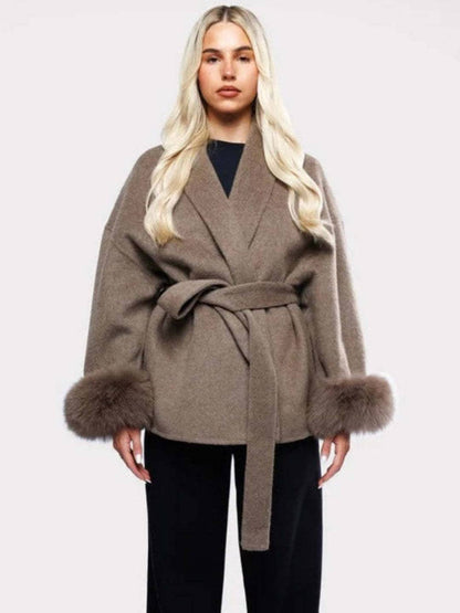 Cocolii mi-longue manteau en laine ceinture v-cou avec poignets en fausse fourrur manches longues femme élégant hiver veste