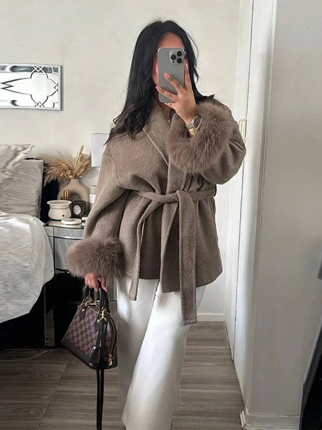 Cocolii mi-longue manteau en laine ceinture v-cou avec poignets en fausse fourrur manches longues femme élégant hiver veste