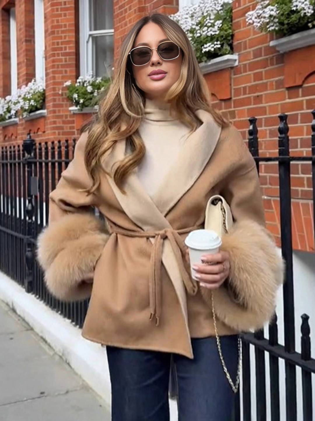 Cocolii mi-longue manteau femme ceinturé réversible veste d'hiver chic à poignets en fausse fourrure décontracté oversized