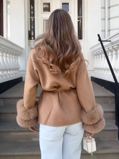 Cocolii mi-longue manteau femme ceinturé réversible veste d'hiver chic à poignets en fausse fourrure décontracté oversized