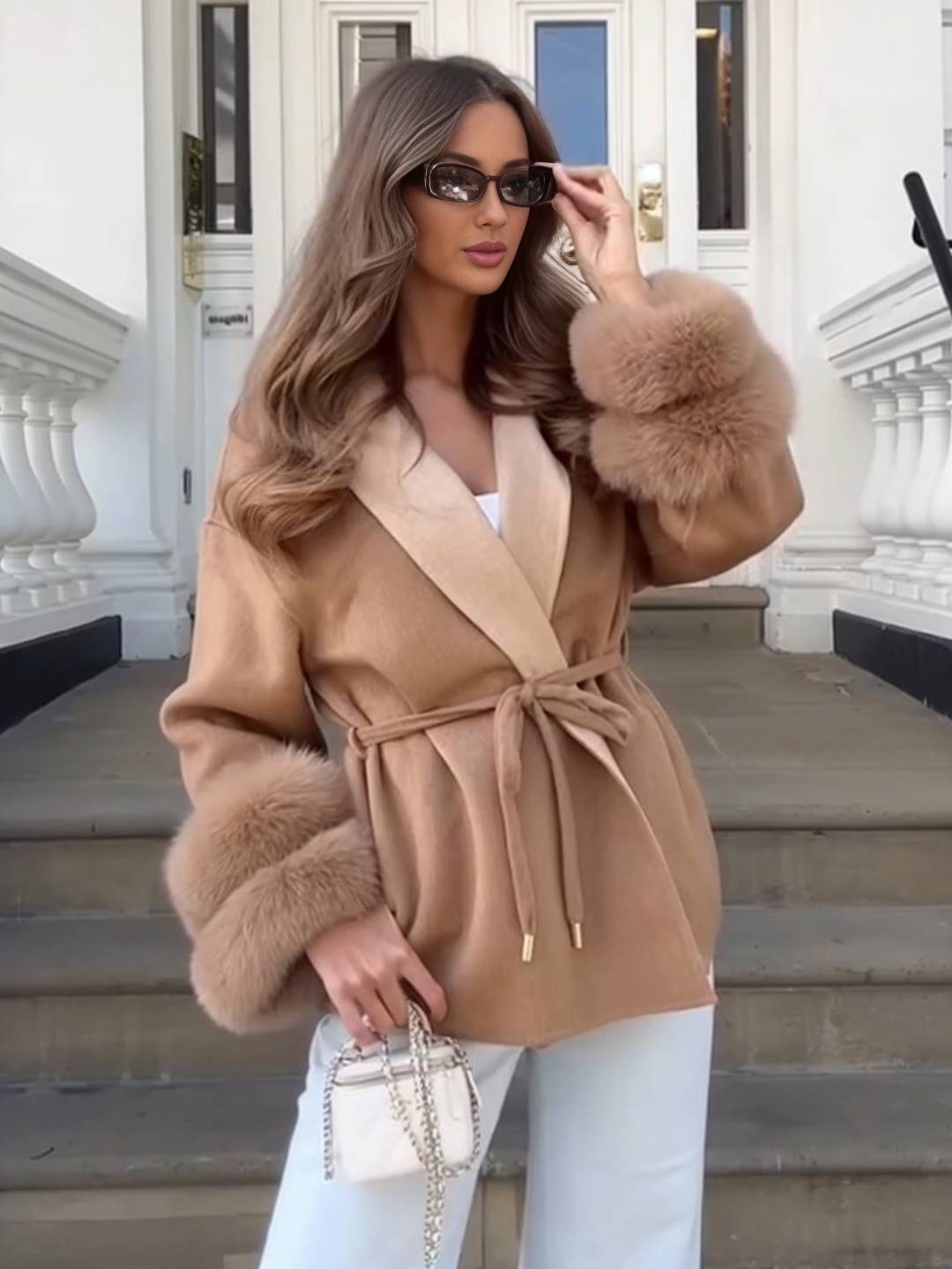 Cocolii mi-longue manteau femme ceinturé réversible veste d'hiver chic à poignets en fausse fourrure décontracté oversized