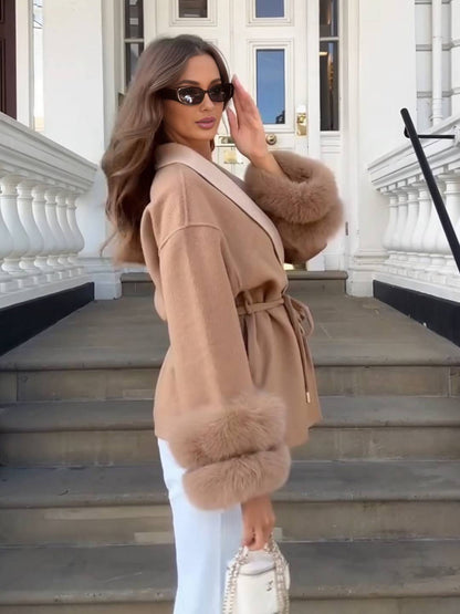 Cocolii mi-longue manteau femme ceinturé réversible veste d'hiver chic à poignets en fausse fourrure décontracté oversized