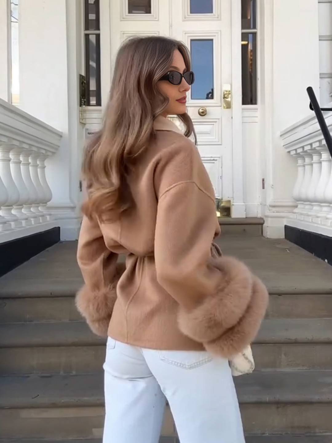 Cocolii mi-longue manteau femme ceinturé réversible veste d'hiver chic à poignets en fausse fourrure décontracté oversized
