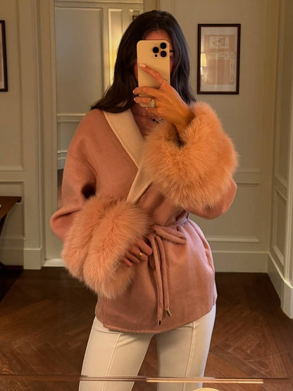 Cocolii mi-longue manteau femme ceinturé réversible veste d'hiver chic à poignets en fausse fourrure décontracté oversized