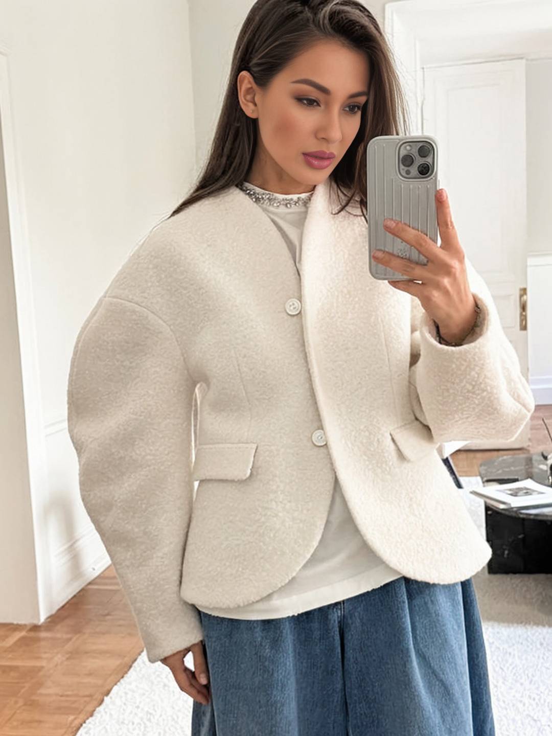 Cocolii veste courte femme style bouclé élégant sans col à manches structurées blouson chic et moderne pour bureau manteau