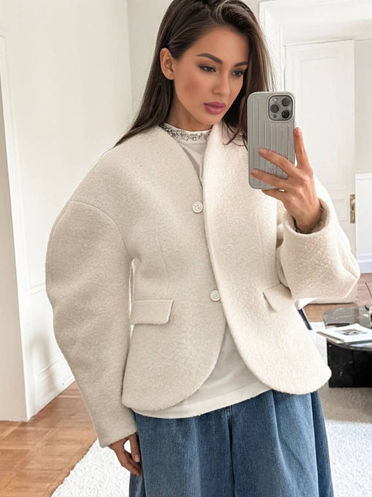 Cocolii veste courte femme style bouclé élégant sans col à manches structurées blouson chic et moderne pour bureau manteau