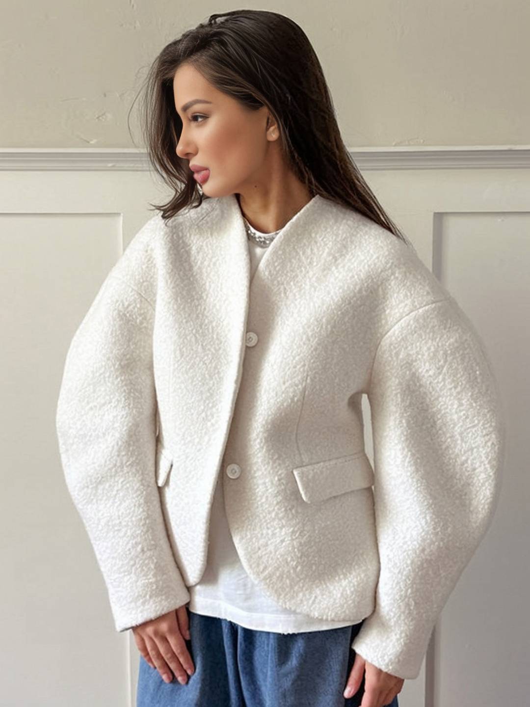 Cocolii veste courte femme style bouclé élégant sans col à manches structurées blouson chic et moderne pour bureau manteau