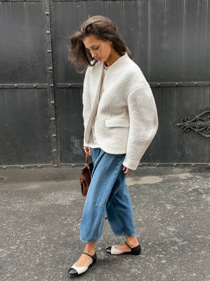 Cocolii veste courte femme style bouclé élégant sans col à manches structurées blouson chic et moderne pour bureau manteau