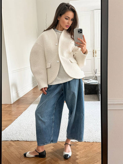 Cocolii veste courte femme style bouclé élégant sans col à manches structurées blouson chic et moderne pour bureau manteau