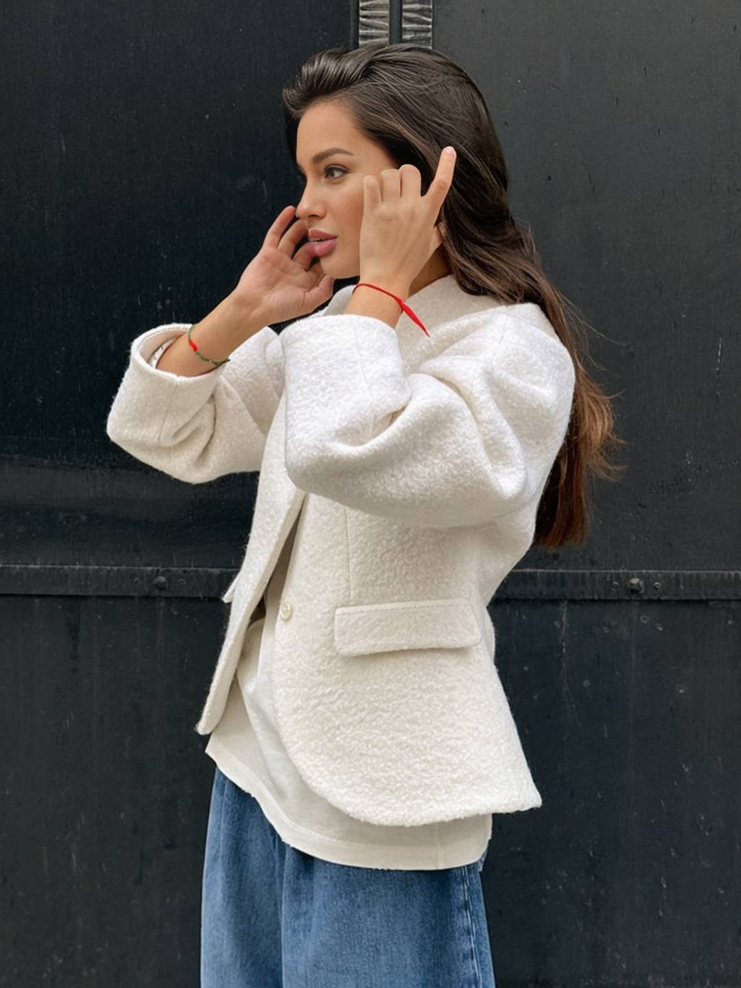 Cocolii veste courte femme style bouclé élégant sans col à manches structurées blouson chic et moderne pour bureau manteau