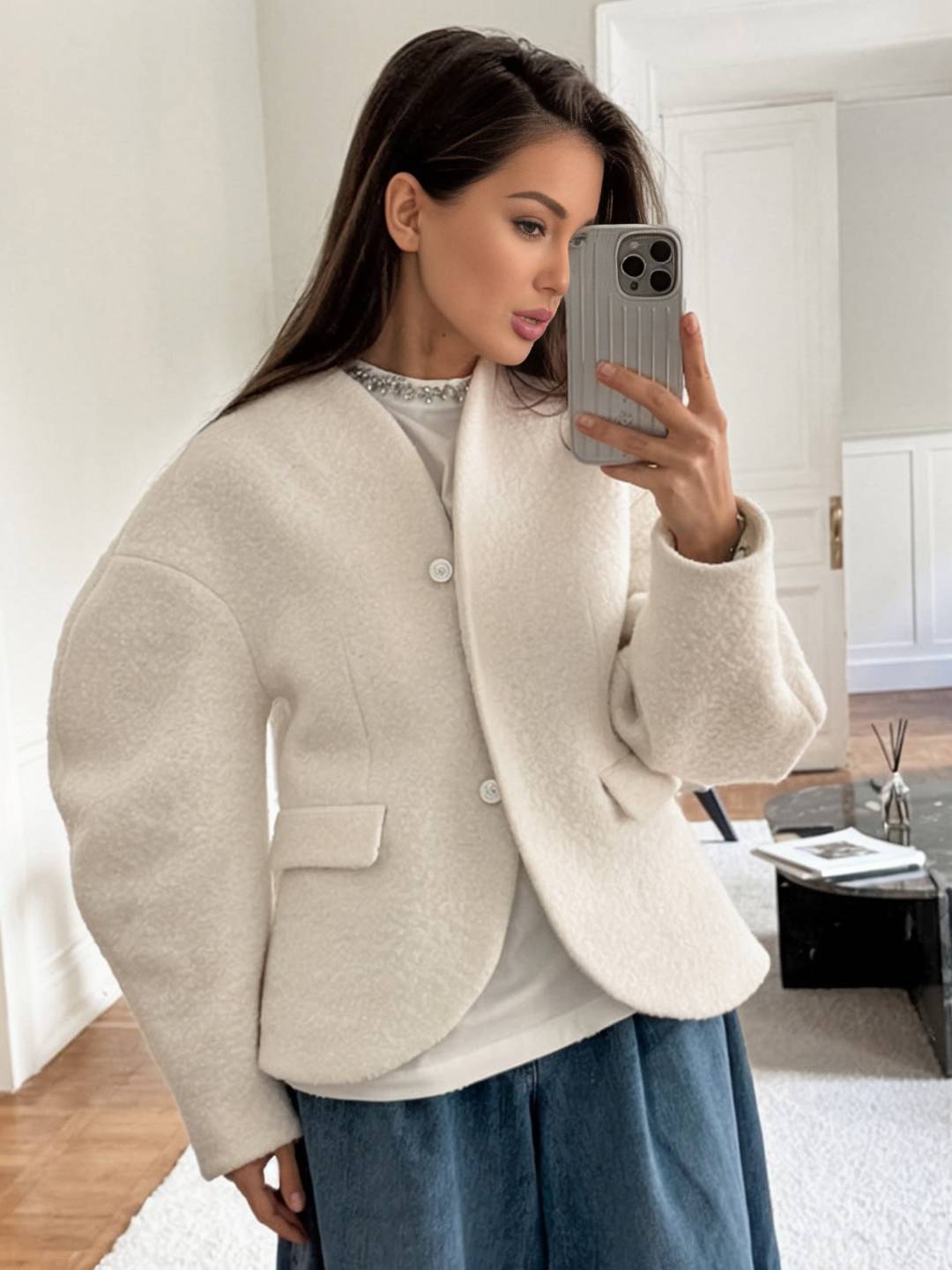 Cocolii veste courte femme style bouclé élégant sans col à manches structurées blouson chic et moderne pour bureau manteau