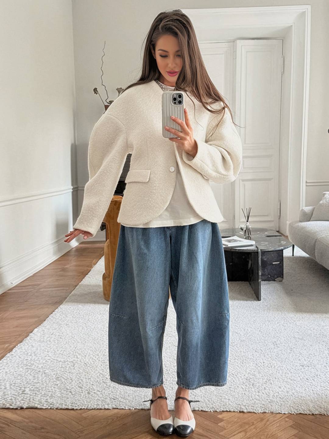 Cocolii veste courte femme style bouclé élégant sans col à manches structurées blouson chic et moderne pour bureau manteau