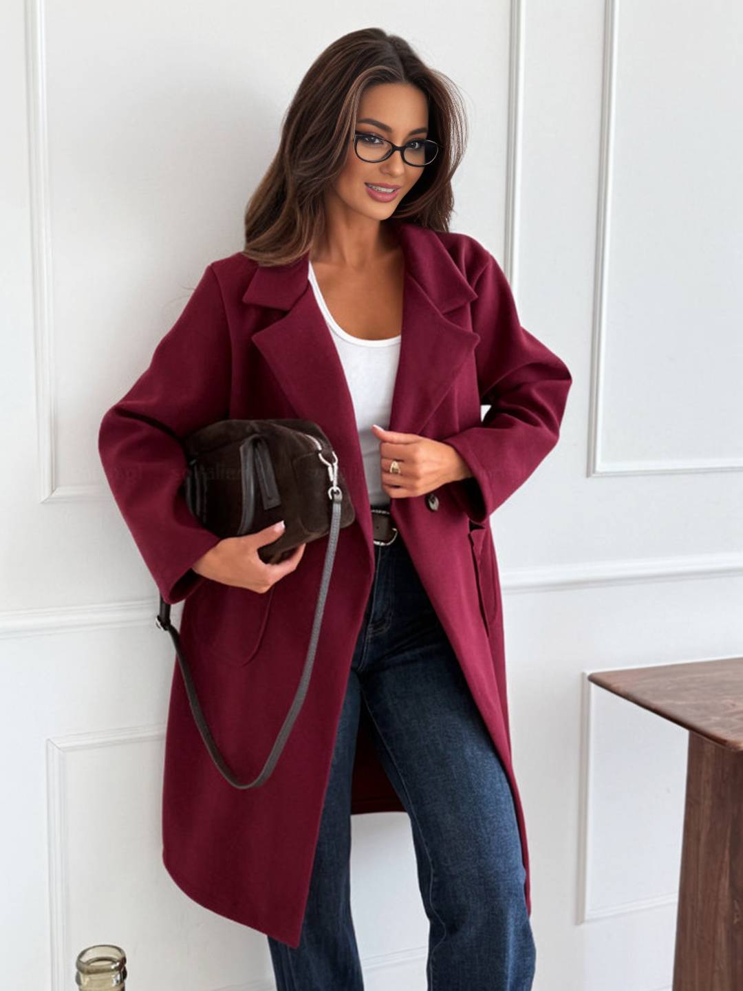 Cocolii mi-longue manteau boutonnage poches col revers manches longues veste style laine femme décontracté pour bureau