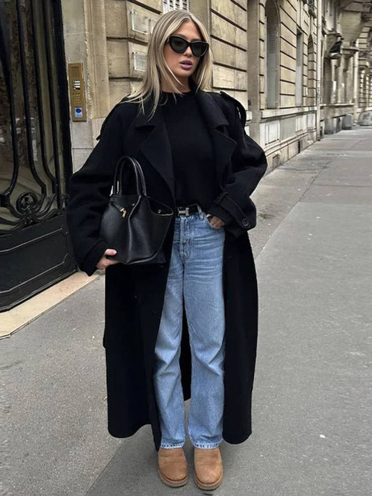 Cocolii longue manteau en laine double boutonnage poches ceinture col revers femme élégant oversized hiver veste