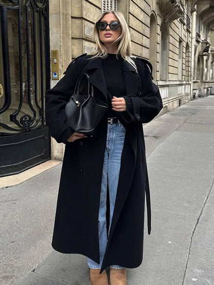 Cocolii longue manteau en laine double boutonnage poches ceinture col revers femme élégant oversized hiver veste