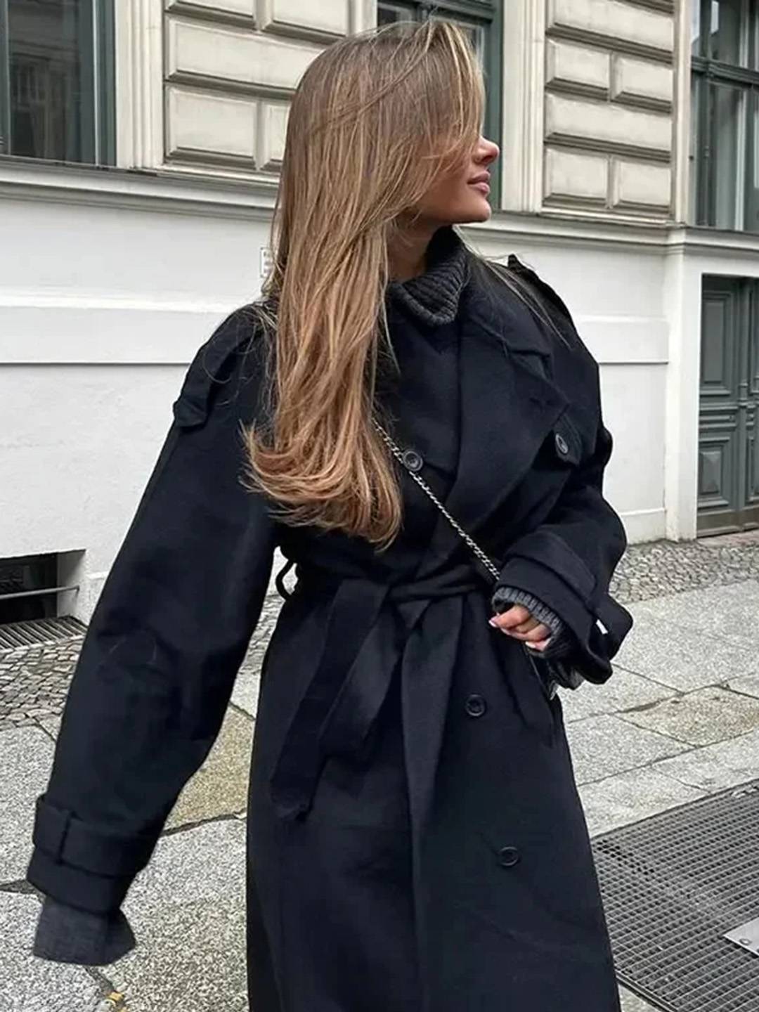 Cocolii longue manteau en laine double boutonnage poches ceinture col revers femme élégant oversized hiver veste