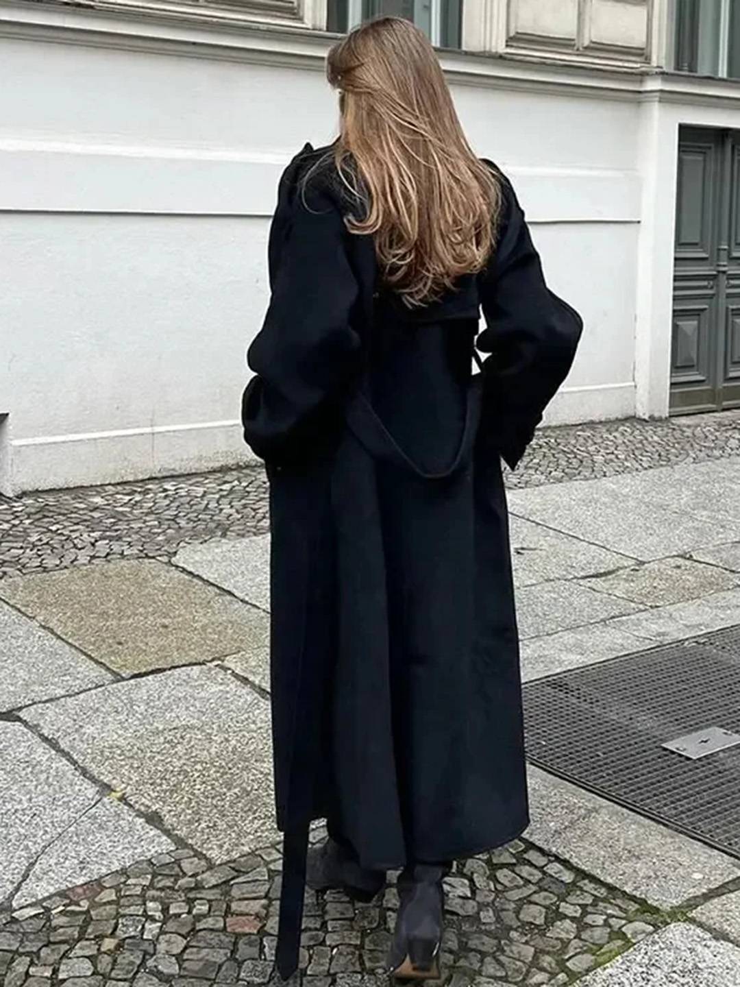 Cocolii longue manteau en laine double boutonnage poches ceinture col revers femme élégant oversized hiver veste