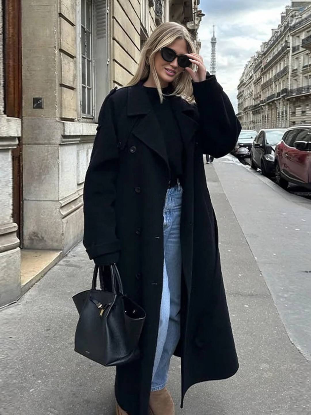 Cocolii longue manteau en laine double boutonnage poches ceinture col revers femme élégant oversized hiver veste