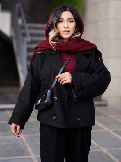 Cocolii court manteau caban femme double boutonnage poches col revers décontracté oversized veste d'hiver