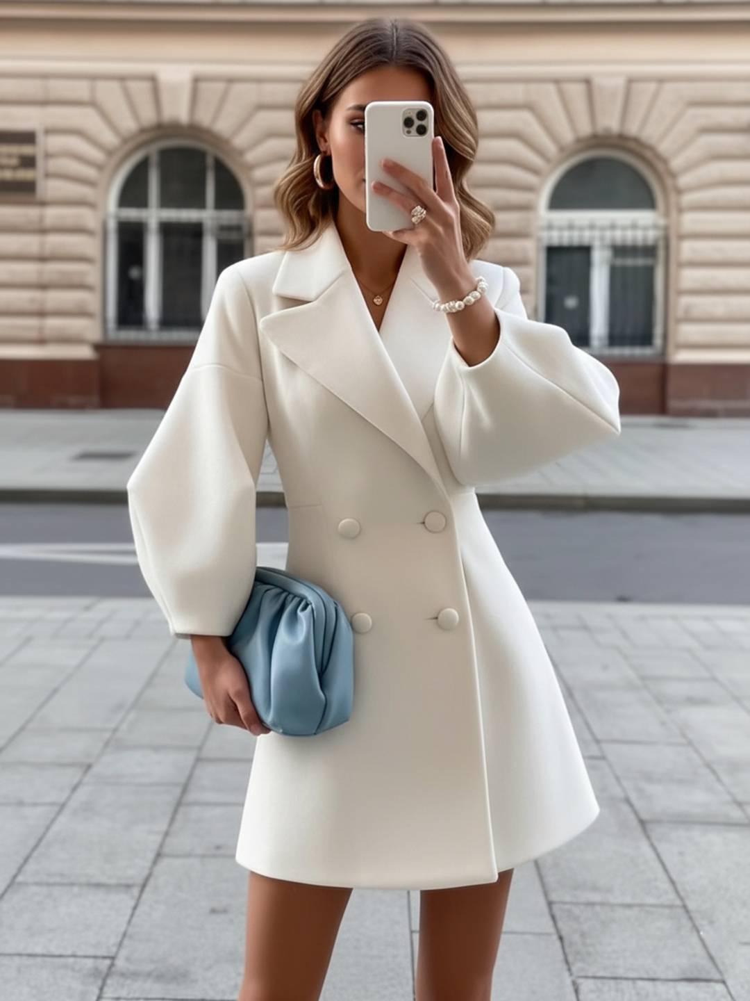 Cocolii mi-longue manteau patineuse femme double boutonnage col revers manches longues doux élégant vintage veste robe