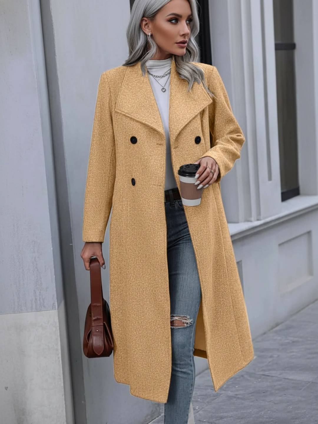 Cocolii longue manteau en laine double boutonnage poches col revers manches longues femme élégant décontracté vintage veste