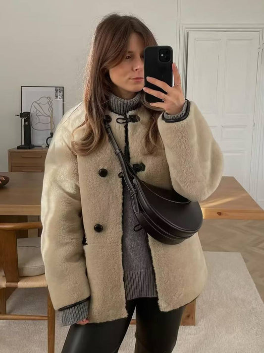 Cocolii veste en peluche en fausse fourrure boutonnage poches col rond femme élégant mode hiver manteau
