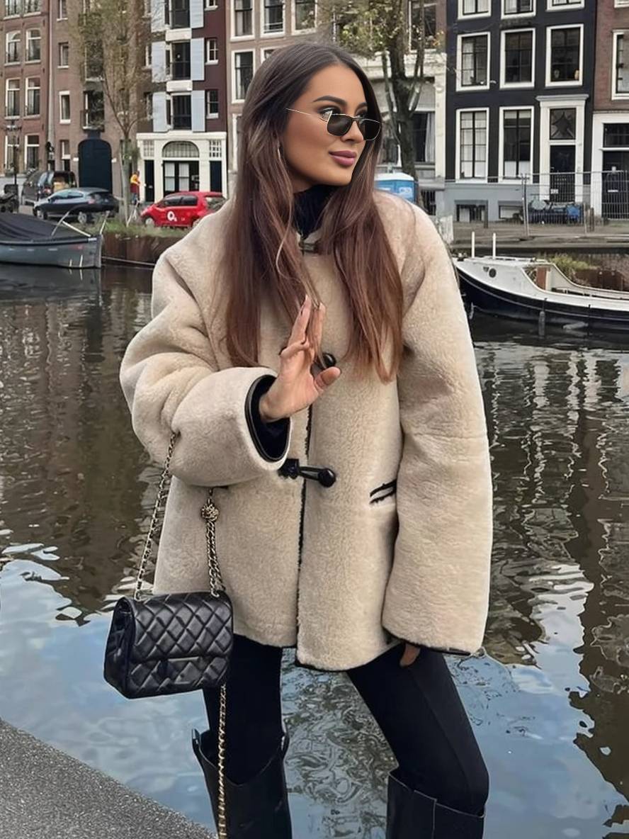 Cocolii veste en peluche en fausse fourrure boutonnage poches col rond femme élégant mode hiver manteau