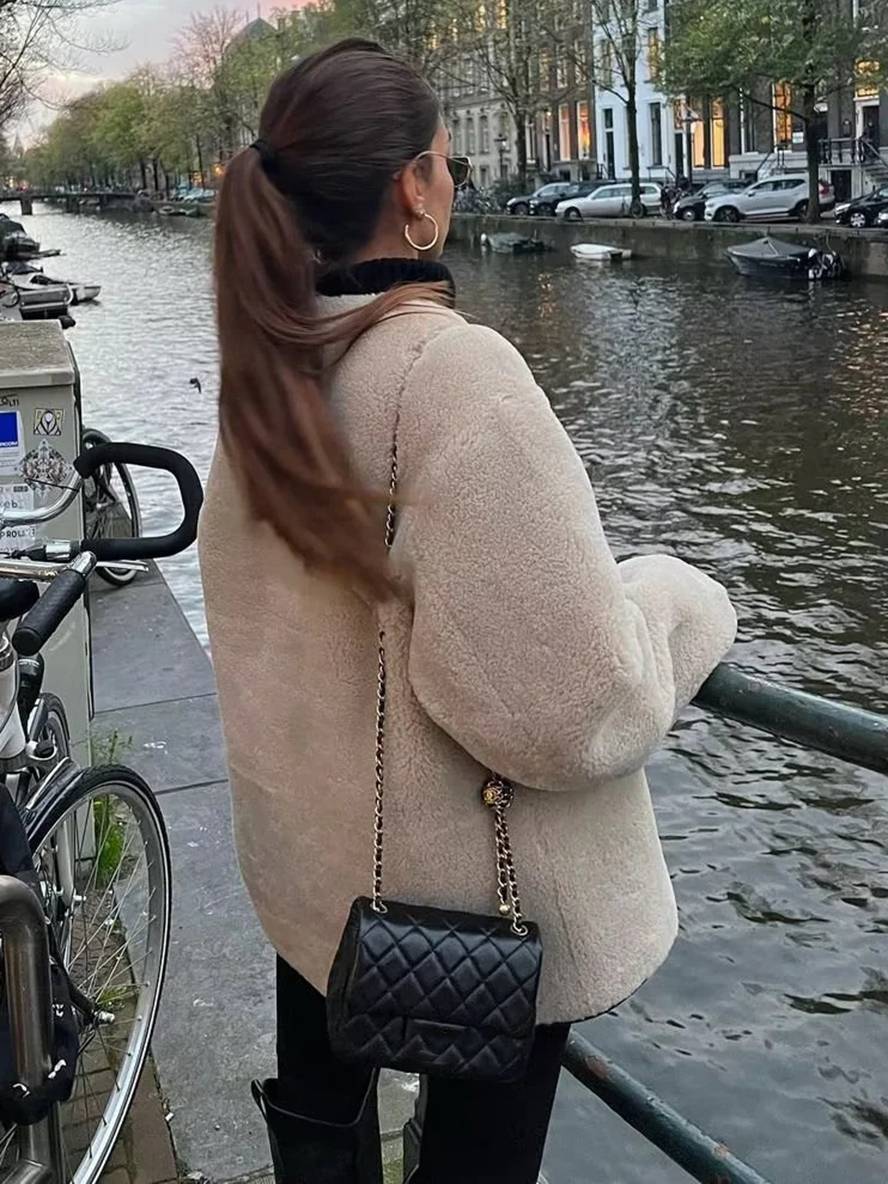 Cocolii veste en peluche en fausse fourrure boutonnage poches col rond femme élégant mode hiver manteau