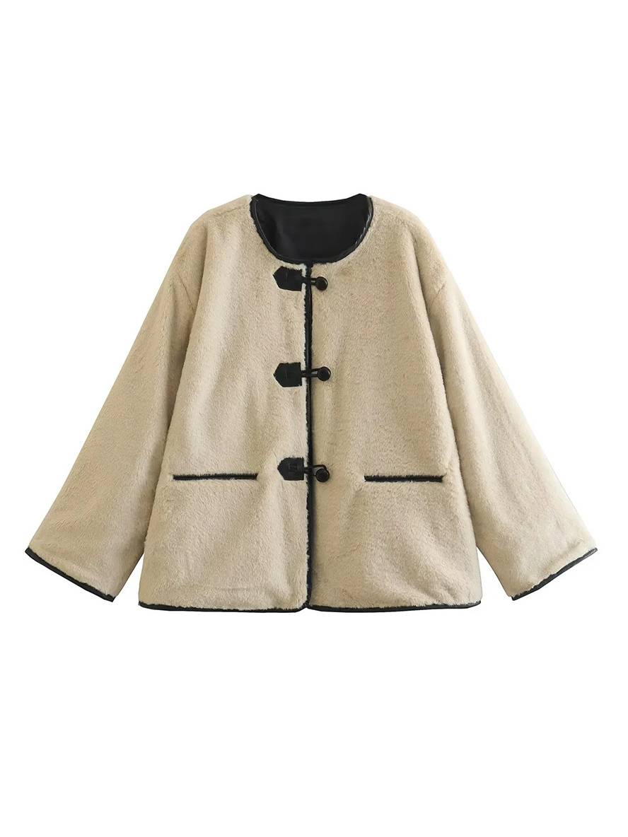 Cocolii veste en peluche en fausse fourrure boutonnage poches col rond femme élégant mode hiver manteau