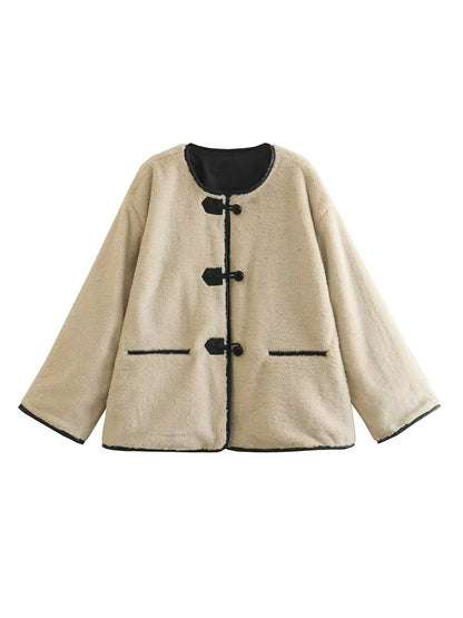 Cocolii veste en peluche en fausse fourrure boutonnage poches col rond femme élégant mode hiver manteau