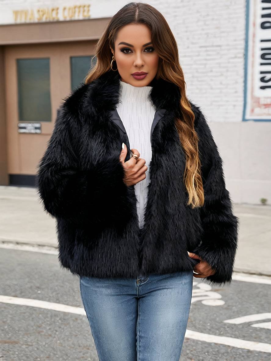 Cocolii manteau en fausse fourrure unicolore col montant poches manches longues femme élégant décontracté hiver veste